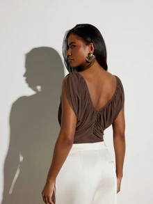 KSTM Ruched V-Neck Draped Bodysuit Top With Gathered Detail And Semi-Sheer Hem Spring Summer Night Out Top - Chocolate Brown - View 4