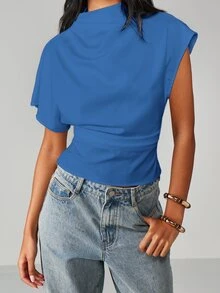MISSGUIDED 半高領短袖修身上衣，結構感肩部設計與抓皺腰部，適合春夏休閒日常穿著 - 綠色 - 查看 5