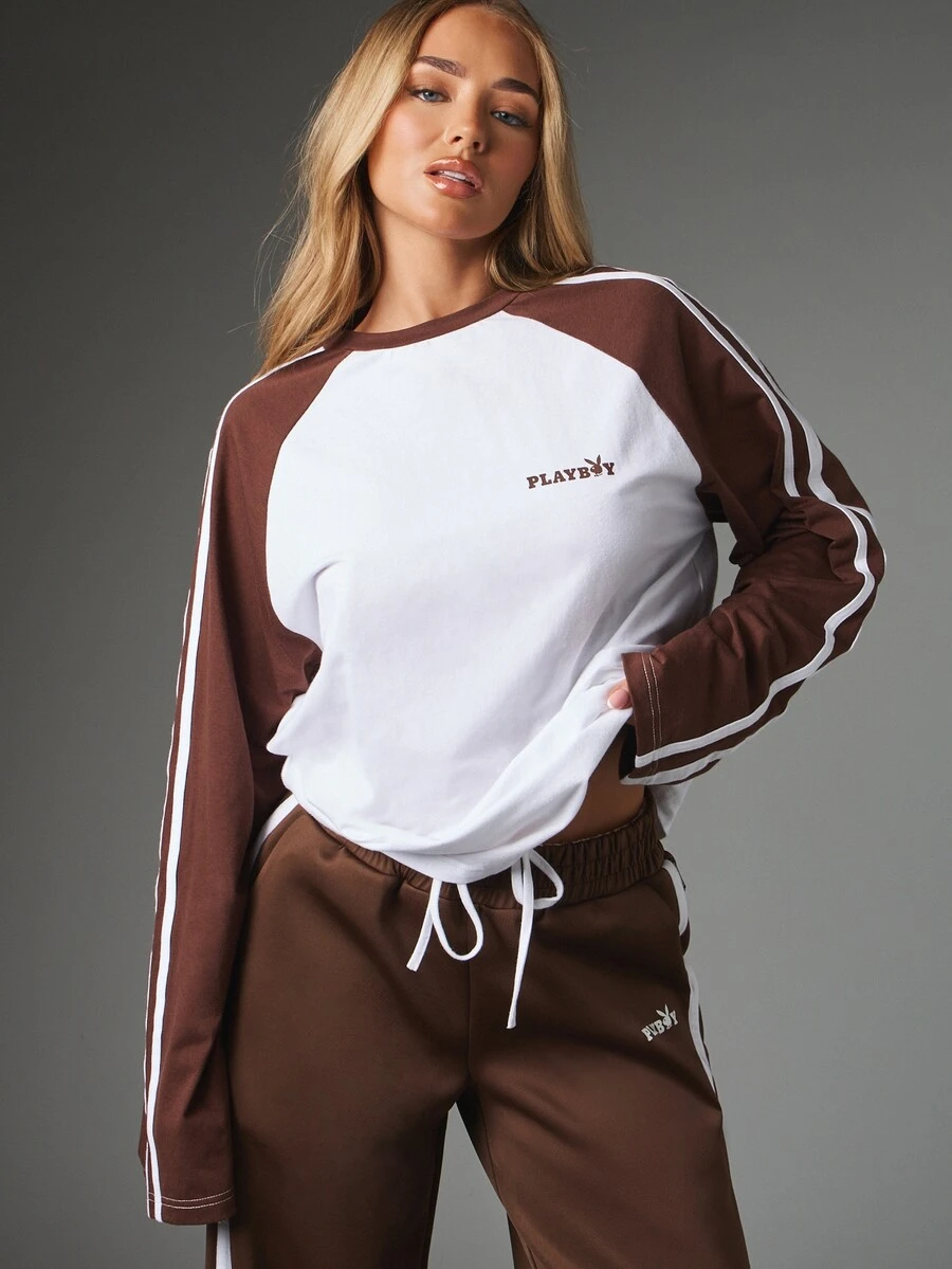 Missguided x Playboy Bunny Logo Raglan Long Sleeve Top Color Block Crew Neck Oversized Fit Contrast Stripe Detail Casual Everyday Tee - White - View 1
