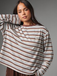 MISSGUIDED Kaos Olahraga Lengan Panjang Bergaris Kerah Bulat Ukuran Besar dengan Detail Logo Patch, Potongan Longgar, Atasan Kasual Musim Gugur dan Musim Dingin - MultiWarna - View 5