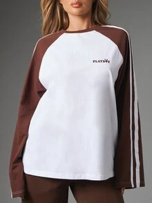 Missguided x Playboy Bunny Logo Raglan Long Sleeve Top Color Block Crew Neck Oversized Fit Contrast Stripe Detail Casual Everyday Tee - White - View 4