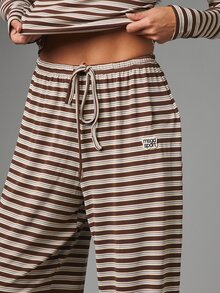 MISSGUIDED MSSG Sport Wide Leg Casual Pants Horizontal Stripe Drawstring Elastic Waist Full Length Palazzo Summer Lounge Trousers - Multicolor - View 4