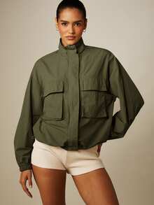 MISSGUIDED Oversized Cargo Pocket Zip-Up Jacket With Mock Neck Collar And Elasticated Cuffs - Cropped Windbreaker Shell Jacket For Spring Fall - Army Green - View 1
