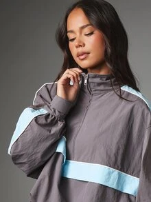 MISSGUIDED Oversized Half-Zip Windbreaker Jacket With Color Block Design Stand Collar Light Blue Contrast Stripe Panel And Elastic Cuffs - Multicolor - View 5