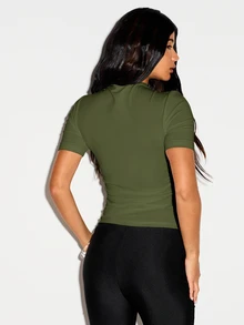 KIZN Ruched Mock Neck Short Sleeve Fitted Top With Crossover Draped Neckline And Body-Skimming Silhouette For Spring Summer - Green - View 2
