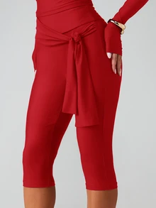 MISSGUIDED 卡普里緊身褲 綁帶腰部設計 高腰九分修身彈性長褲 春夏度假款 - 紅色 - 查看 6