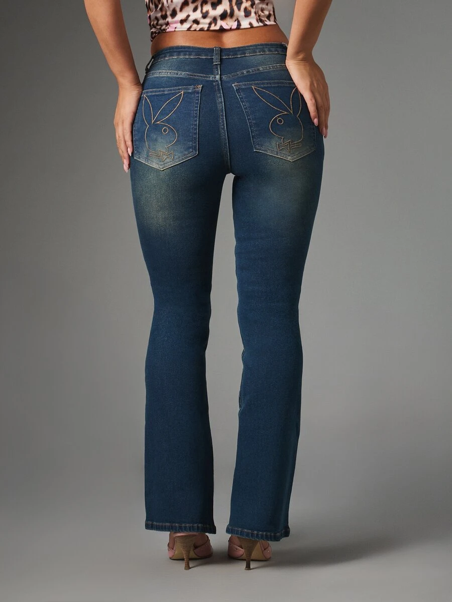 Missguided x Playboy Bunny Embroidered Bootcut Jeans Mid Rise Full Length Flared Denim With Iconic Back Pocket Logo Detail - Blue - View 1