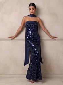 QUIZ Navy Sequin Strapless Maxi Dress With Satin Bust Panel And Draped Scarf Detail, Elegant Long Dress, Wedding Guest Dress Women, Formal Event Dress, Special Occasion Dresses For Women - Navy Blue - View 1