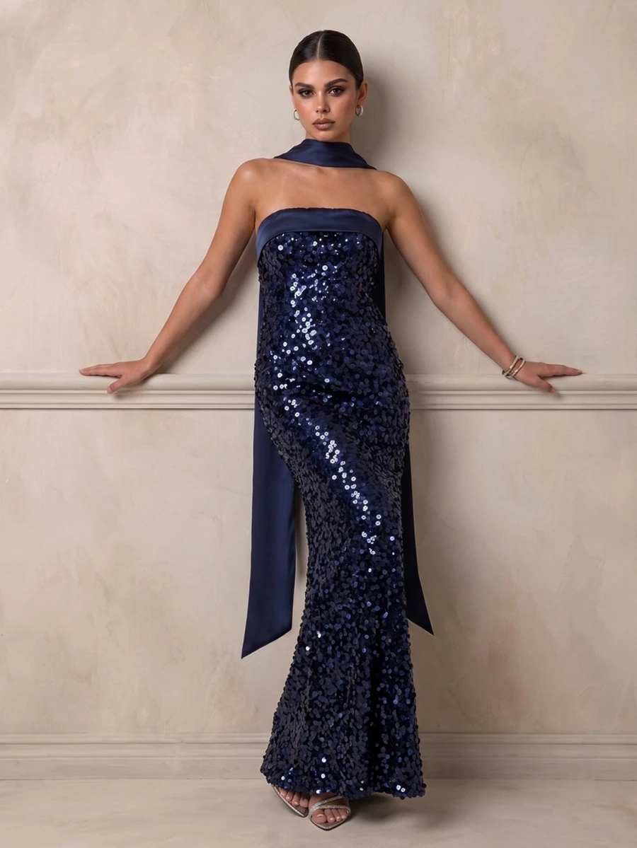 QUIZ Navy Sequin Strapless Maxi Dress With Satin Bust Panel And Draped Scarf Detail, Elegant Long Dress, Wedding Guest Dress Women, Formal Event Dress, Special Occasion Dresses For Women - Navy Blue - View 1