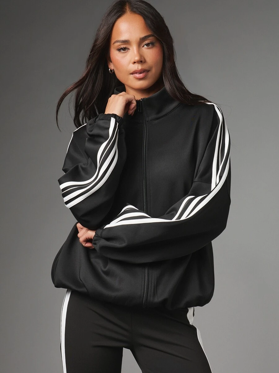 MISSGUIDED Jaket Track Over Ukuran Besar dengan Resleting Penuh, Detail Tiga Garis di Lengan, Manset Elastis, Kerah Tinggi, Gaya Retro Sporty. - Putih - View 1