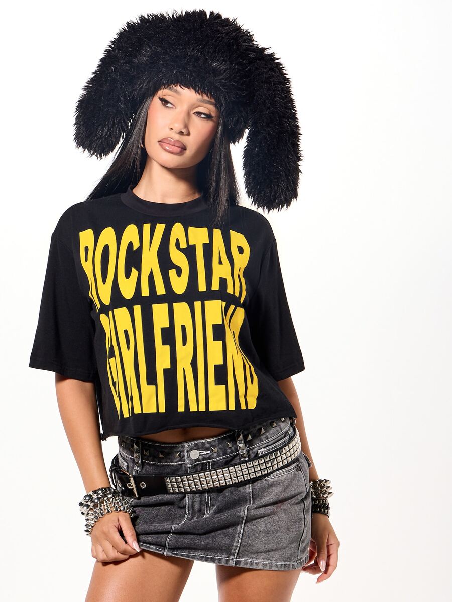 SUMWON WOMEN Rockstar Girlfriend Graphic Crop Tee Short Sleeve Round Neck Oversized Boxy Fit Statement Print Top Festival Concert Season - Black - View 1