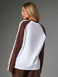 Missguided x Playboy Bunny Logo Raglan Long Sleeve Top Color Block Crew Neck Oversized Fit Contrast Stripe Detail Casual Everyday Tee - White - View 2
