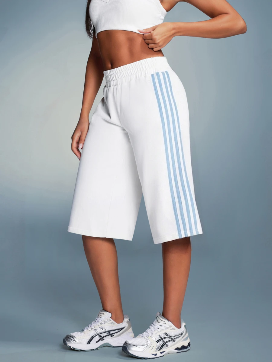 11SKNDS Wide Leg Bermuda Shorts With Side Stripe Detail High Rise Elastic Waist Knee Length Summer Casual Shorts - White - View 1