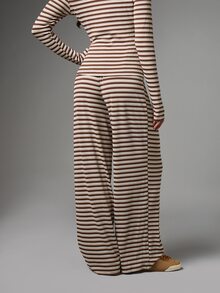 MISSGUIDED MSSG Sport Wide Leg Casual Pants Horizontal Stripe Drawstring Elastic Waist Full Length Palazzo Summer Lounge Trousers - Multicolor - View 3