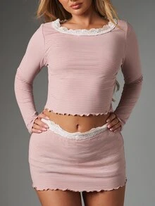 MISSGUIDED Striped Ribbed Knit Long Sleeve Crop Top And Mini Skirt Co-Ord Set With Lace Trim Neckline And Lettuce Hem - Pink - View 4