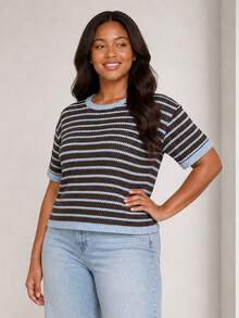 ELLERISSA Plus Size Multicolor Striped Round Neck Short Sleeve Textured Knit T-Shirt - Multicolor - View 5
