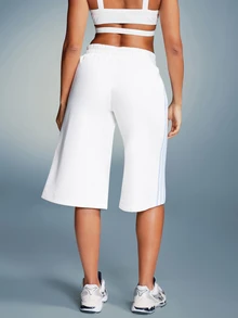 11SKNDS Wide Leg Bermuda Shorts With Side Stripe Detail High Rise Elastic Waist Knee Length Summer Casual Shorts - White - View 2