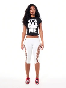 SUMWON WOMEN Graphic Slogan Crop Slim Fit Tee With Bold Front Text Print Round Neck Short Sleeve Fitted Cropped Top Summer Festival Party - Black - View 3