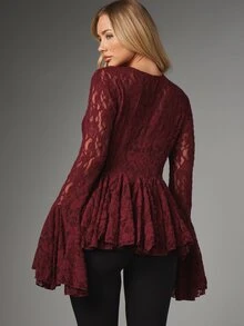 MISSGUIDED Floral Lace Bell Sleeve Peplum Blouse High Low Hem Ruffle Detail Evening Top Fall Winter Party - Burgundy - View 3