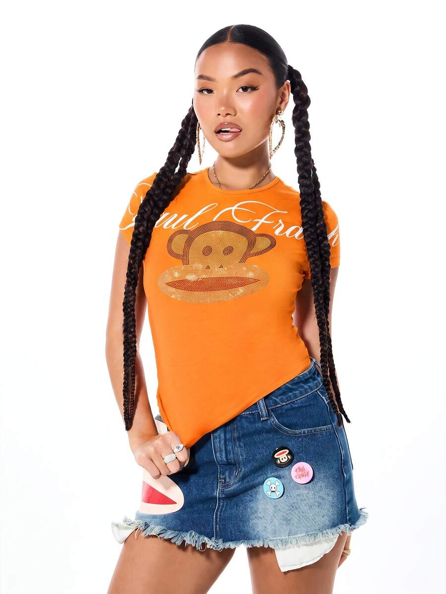 SUMWON X PAUL FRANK SUMWON WOMEN 猴子水鑽圖案修身圓領短袖貼身字母 Logo 上衣 夏季 Y2K 風格 - 橘色 - 查看 1