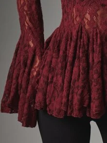 MISSGUIDED Floral Lace Bell Sleeve Peplum Blouse High Low Hem Ruffle Detail Evening Top Fall Winter Party - Burgundy - View 2