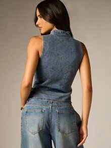 AiiRZ Sleeveless Denim Crop Vest Top With Chinese Frog Button Closure High Neck Festival Summer Holiday Style - Medium Wash - View 2
