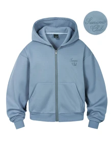 SUMWON Club Full-Zip Oversized Hoodie With Embroidered Chest Logo Centre Pocket Ribbed Cuffs Long Sleeve Casual Layering Essential - Baby Blue - View 1