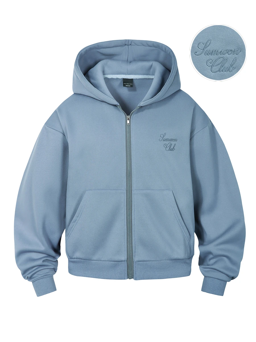 SUMWON Club Full-Zip Oversized Hoodie With Embroidered Chest Logo Centre Pocket Ribbed Cuffs Long Sleeve Casual Layering Essential - Baby Blue - View 1