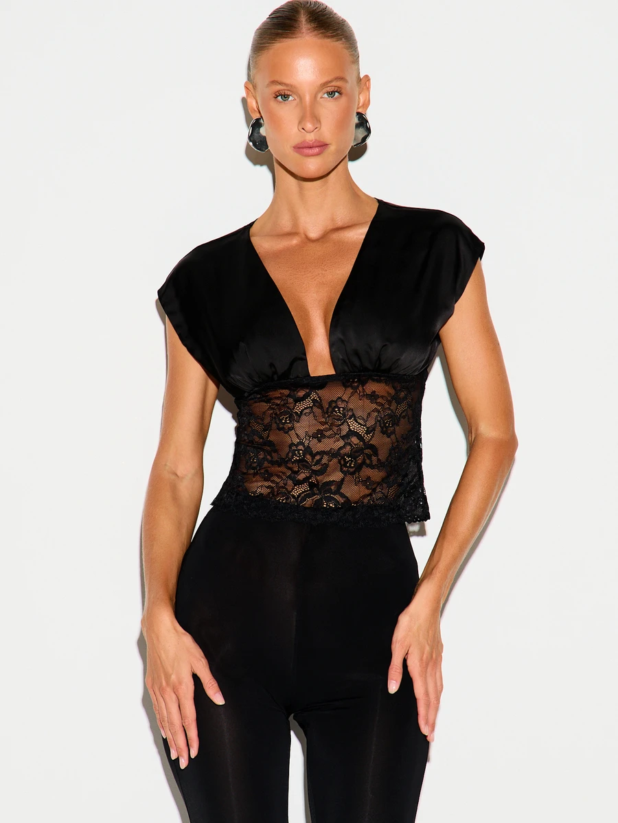 KIZN Blus Crop Satin Berpotongan Rendah dengan Panel Pinggang Renda Bunga Transparan, Lengan Pendek, Atasan Pesta Malam - Hitam - View 1