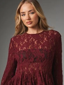 MISSGUIDED Floral Lace Bell Sleeve Peplum Blouse High Low Hem Ruffle Detail Evening Top Fall Winter Party - Burgundy - View 5
