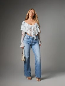 MISSGUIDED Floral Chiffon Ruffle Crop Blouse V-Neck Open Back Tie Detail Bell Sleeve Layered Frill Top Spring Summer Festival - Multicolor - View 4
