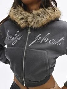 BABYPHAT Cropped Full-Zip Hoodie With Faux Fur Trim Hood And Rhinestone Script Logo For Fall Winter - Dark Grey - View 5