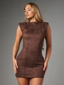 MISSGUIDED Faux Suede Bodycon Mini Dress With Boat Neck Cap Sleeve Shoulder Pad Detail And Back Zip Closure Fall Winter Party - Coffee Brown - View 5