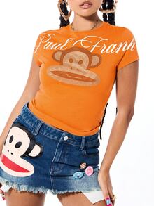 SUMWON X PAUL FRANK SUMWON WOMEN 猴子水鑽圖案修身圓領短袖貼身字母 Logo 上衣 夏季 Y2K 風格 - 橘色 - 查看 4