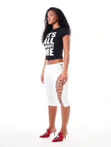 SUMWON WOMEN Graphic Slogan Crop Slim Fit Tee With Bold Front Text Print Round Neck Short Sleeve Fitted Cropped Top Summer Festival Party - Black - View 4