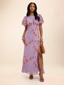 Dancing Leopard Print Ruffle Cap Sleeve High Split Maxi Dress, Summer Outfits For Women, Vacation Dress, Holiday Dress - Multicolor - View 1