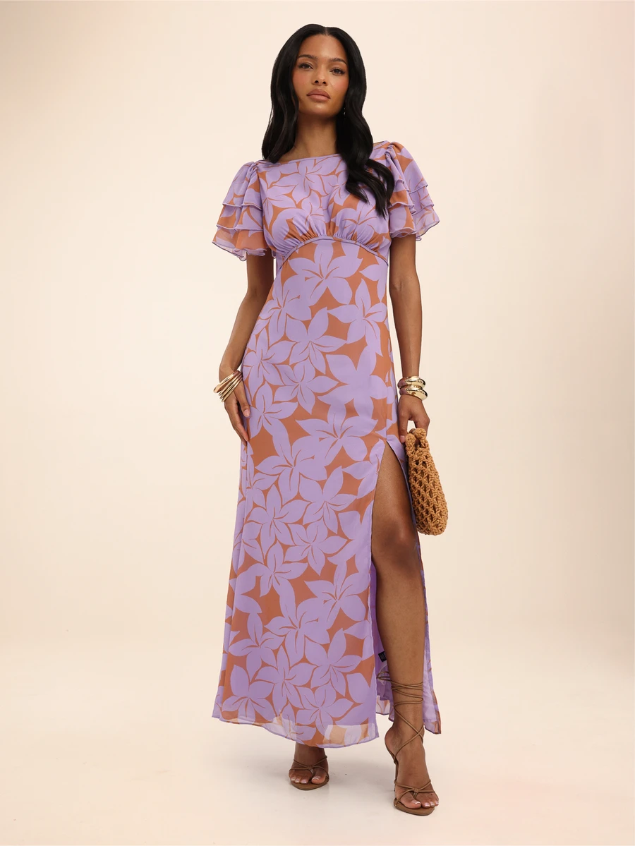 Dancing Leopard Print Ruffle Cap Sleeve High Split Maxi Dress, Summer Outfits For Women, Vacation Dress, Holiday Dress - Multicolor - View 1