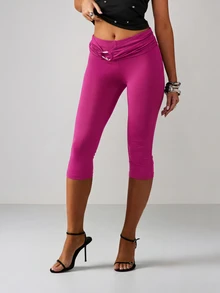 MISSGUIDED 縮短版七分緊身褲，附抓皺翻折腰帶與銀色環飾，春夏休閒日常穿著 - 紫色 - 查看 1