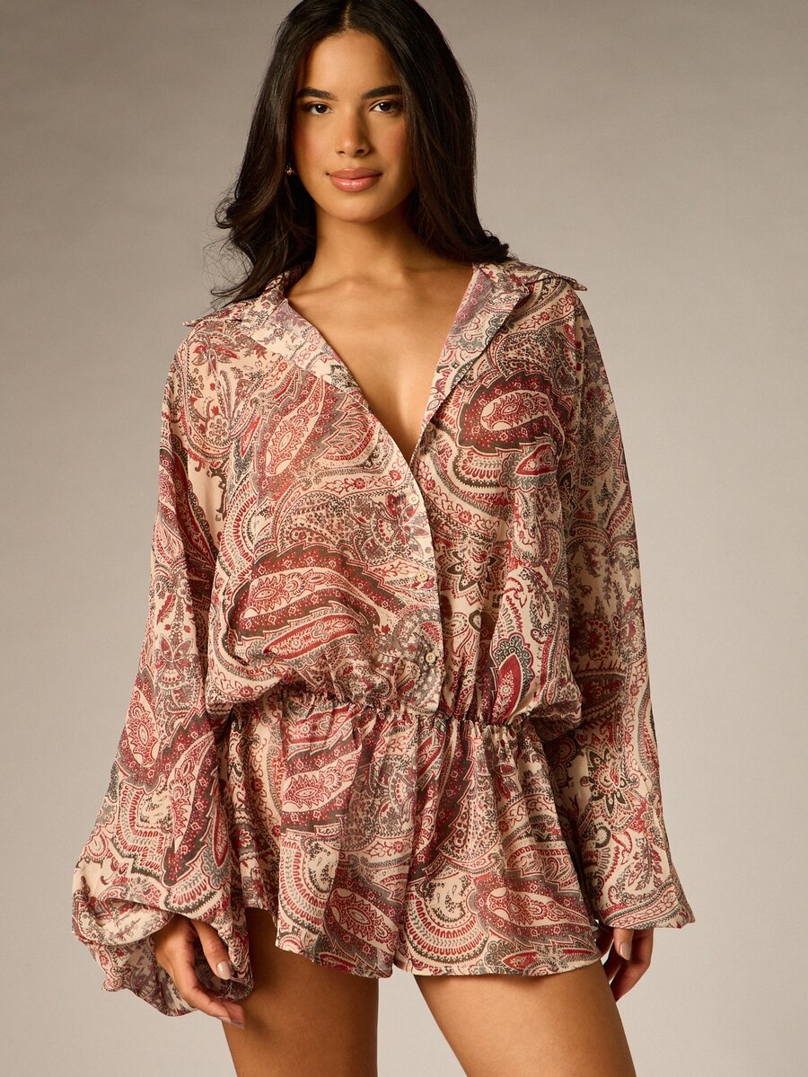 AiiRZ Romper Chiffon Motif Paisley dengan Kerah V Dalam, Lengan Lonceng, Pinggang Elastis, dan Celana Pendek Mini, Gaya Boho, Festival, Musim Semi, Musim Panas. - MultiWarna - View 1
