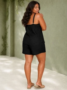 ELLERISSA Plus Size Black Linen Cami Top & Shorts Co-Ord Set - Black - View 2