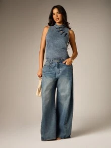 AiiRZ Sleeveless Denim Crop Vest Top With Chinese Frog Button Closure High Neck Festival Summer Holiday Style - Medium Wash - View 3