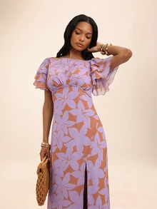Dancing Leopard Print Ruffle Cap Sleeve High Split Maxi Dress, Summer Outfits For Women, Vacation Dress, Holiday Dress - Multicolor - View 3