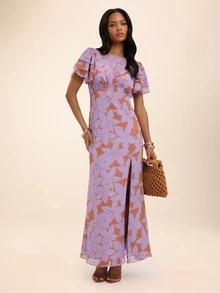 Dancing Leopard Print Ruffle Cap Sleeve High Split Maxi Dress, Summer Outfits For Women, Vacation Dress, Holiday Dress - Multicolor - View 6