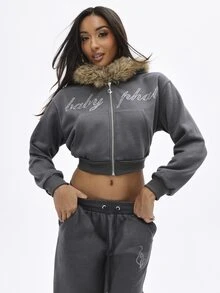 BABYPHAT Cropped Full-Zip Hoodie With Faux Fur Trim Hood And Rhinestone Script Logo For Fall Winter - Dark Grey - View 3