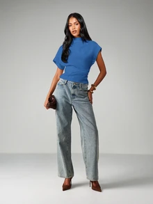 MISSGUIDED 小高領短袖修身上衣 挺肩短版襯衫 春夏日常休閒與商務休閒穿搭 - 寶藍色 - 查看 3