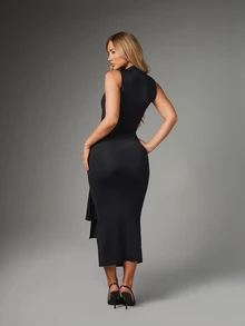 MISSGUIDED Gaun Midi Bodycon Tanpa Lengan Leher Tinggi dengan Detail Kerut dan Tali Samping, Gaya Elegan untuk Pesta Malam dan Musim Liburan. - Hitam - View 3