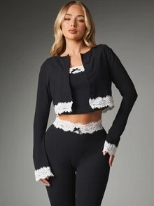 MISSGUIDED Lace Trim Crop Cardigan And Cropped Leggings Co-Ord Set With Square Neck Cami Top And White Ruffle Lace Detail - Black and White - View 5