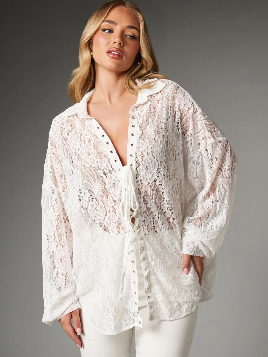 MISSGUIDED Oversized Floral Lace Shirt With Metal Eyelet Closure ...