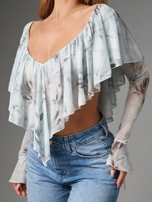 MISSGUIDED Floral Chiffon Ruffle Crop Blouse V-Neck Open Back Tie Detail Bell Sleeve Layered Frill Top Spring Summer Festival - Multicolor - View 2