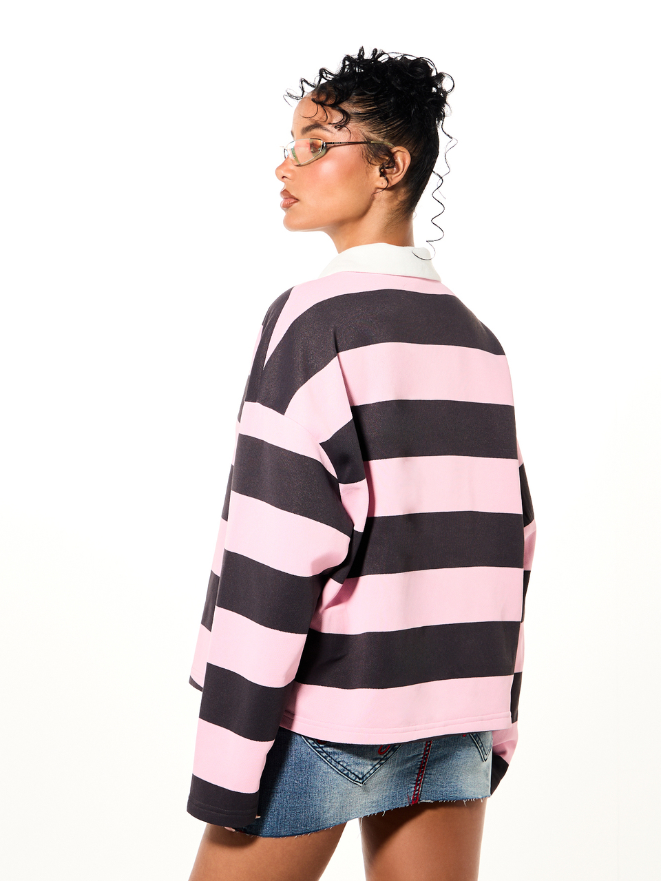 BABYPHAT Oversized Cropped Rugby Polo Top With Bold Horizontal Stripes Long Sleeves White Collar And Varsity Number Chest Applique Fall